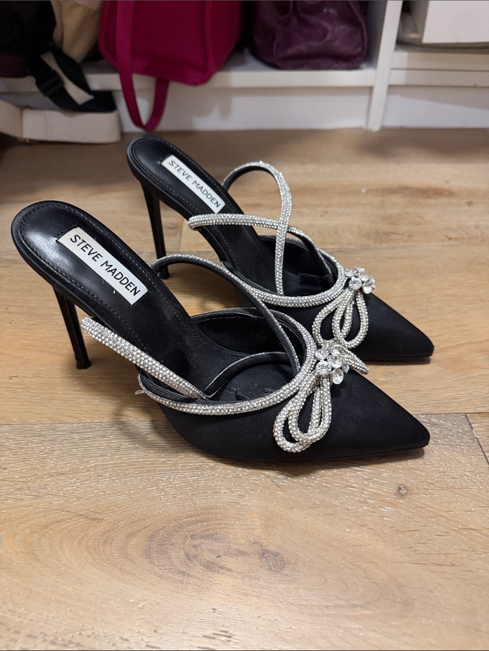 Steve Madden Black Satin Mules with Crystal Bow Detail - Picture 2 of 4